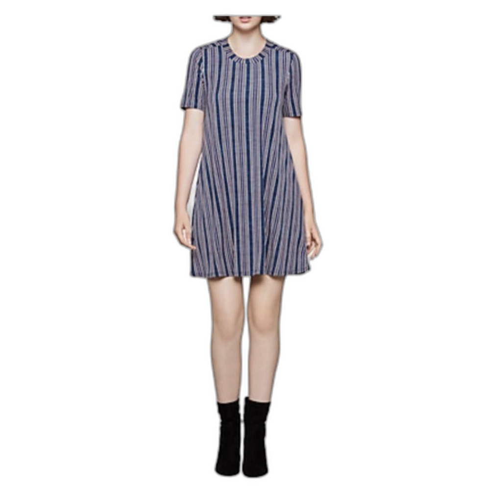 BCBGeneration Blue Multicolor Vertical Stripe Short Sleeve A-Line Mini Dress L